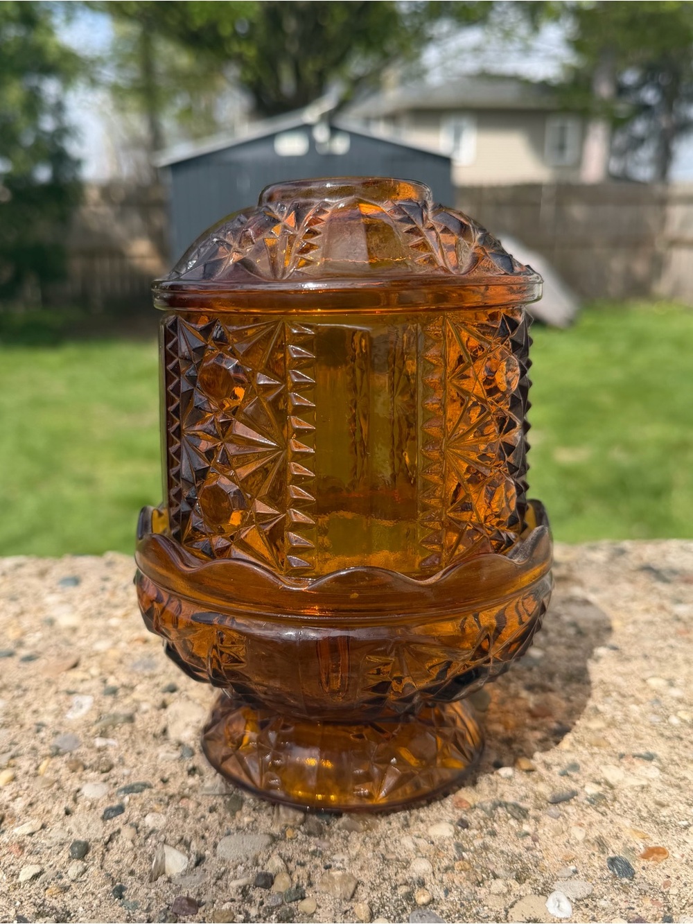 Vintage Indiana Glass Moon and Stars Amber Fairy Lamp